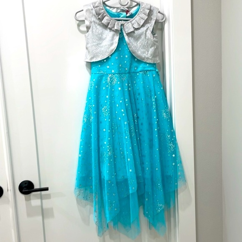 Sparkly blue dress with shimmery jacket shrug